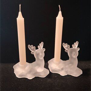 Pair Of vintage Frosted Glass Reindeer Candle Holders